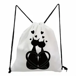 Mochila personalizada Kawaii Cat Love Print para estudantes Cute Animal School Drawstring Pocket Gift Casual Portátil Unissex Shoe Bag C6Hr #