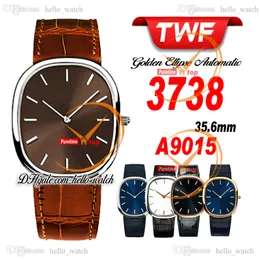 TWF 35,6 мм GOLDEN ELLIPSE 3738/100G-012 A9015 Автоматические мужские часы 3738 Коричневый циферблат с сапфировым стеклом Серебряный корпус Коричневый кожаный ремешок Часы hellowatch PPHW Z24a