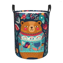 Sacos de lavanderia cesta dobrável urso flores folhas ilustração redonda armazenamento bin grande cesto dobrável roupas brinquedo balde organizador