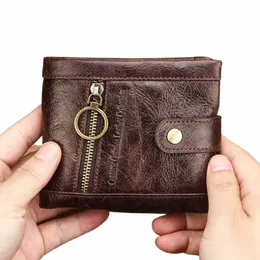 Carteira masculina de couro genuíno de contato, bolsa de moedas, porta-cartões pequeno, carteiras Rfid, design casual, bolso com zíper 01GU #