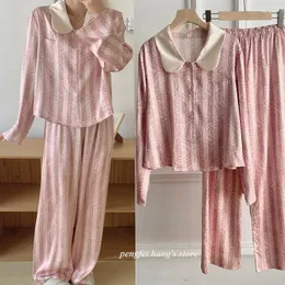 Mulheres sleepwear bonito estilo coreano boneca colarinho camisa rosa listra mulheres seda rayon pijama conjunto 2 pcs nightwear solto roupas de casa