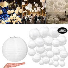 30 pçs lanterna de papel branco bolas decoração de casamento suprimentos diy pendurado lanternas festa de aniversário festival decorações dobrável 240323