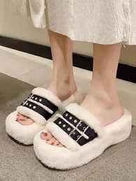 Slippers Aphixta Indoor Home Winter Warm Hairy Shoes Open Toe Women Buckles Decor Double Band Flat Heel Mules Fluffy
