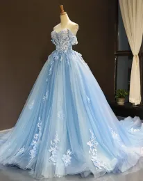 Light Blue Modest Modest Quinceanera vestidos vestido de banheiro sweetheart fora do ombro Aplicado Flores 3D Sweet 16 vestidos de baile