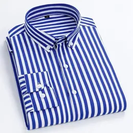 Camisa listrada masculina camisas de manga comprida azul casual vestido de negócios allmatch fino ajuste moda coreano impressão noniron 240329