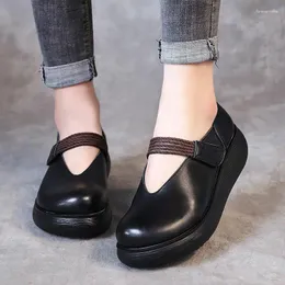 Casual Shoes Black V-neck Mary Janes Wide Fit Women's Retro Ladies Platform Ballerina Flats Woman Elevated Leather