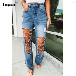 Jeans da donna Donna Perla Che borda Demin Pantaloni Ragazze Streetwear Foro sexy Pantaloni strappati 2024 Stile europeo Moda Straignt