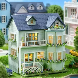 Diy miniatura casa kit de madeira móveis de casa de bonecas com led mini casa villa jardim modelo brinquedo para meninas presente aniversário 240321