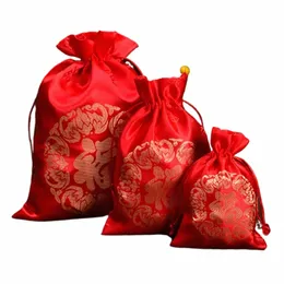 1pc Red Silk Fu Bag Chinese Lucky Bags Jewelry Drawstring Pouch Candy Gift Bags Gift Packaging for New Year Wedding Party L0wA#
