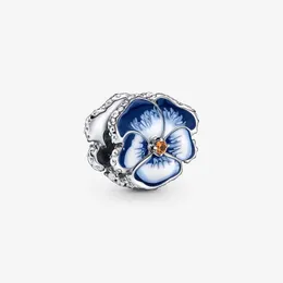 Top Quality Blue Pansy Flower Charm Pandoras 925 Sterling Silver Luxury Charm Set Pulseira Fazendo Encantos Frisados Designer Colar Pingente Caixa Original Atacado