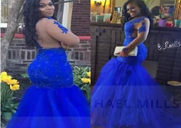 African Royal Blue Mermaid Prom Dresses Long Hides Backless Spets aftonklänningar Sexig Black Girls Party Dress6056163