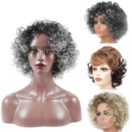 Perucas jeedou curto encaracolado peruca de cabelo fofo penteado para perucas femininas sintéticas preto marrom cinza cor misturada