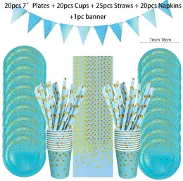 أدوات مائدة ذهبية زرقاء قابلة للتخلص من أدوات الجدول المحددة أطباق القش أكواب مناديل لحضور حفل زفاف حفل زواج حفلات استحمام الطفل