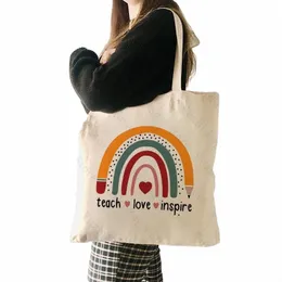 Love Inspire Baskı Baskısı Tote Çanta Öğretmeni Hediye Çantası Yeniden Kullanılabilir Fi Rainbow Kalem Mağazası Çantası Kadın Çanta I4VK#