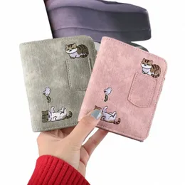 Bordado Cat Women Curto Carteira Zíper Coin Purse Curto Carteira das Mulheres Kawaii Mini Cartões Titular Embreagem para Menina Carteras Mujer w1qt #