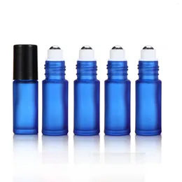 Vorratsflaschen, nachfüllbar, dick, 5 ml, leere Rolle auf Glasflasche, mattiert, blau, für ätherisches Öl, Parfüm, Metallrollerkugel, 800 teile/los