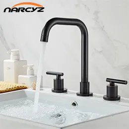Смесители для раковины в ванной комнате, латунь, полированная черная накладка, квадратная, с 3 отверстиями, двойной ручкой и краном для холодной воды XR8243