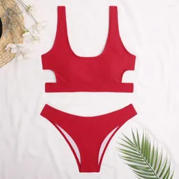 Mulheres Swimwear Vermelho Ribbed Bikini 2024 Sexy Mulheres Maiô Feminino Duas Peças Set Banhista Ternos de Banho Verão Beach Wear Swim