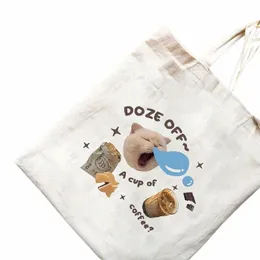 1 pz coreano Kawaii Cat Graphic Tote Bag Carrier Bag Canvas Borsa a tracolla Cute Shopper Perfetto per viaggi all'aperto Regalo 52FE #