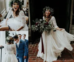 Bellissimi abiti da sposa country da spiaggia a maniche lunghe ALine due pezzi 2019 Chiffon con volant in pizzo Top Boho Custom Made Bohemian Brid5819522