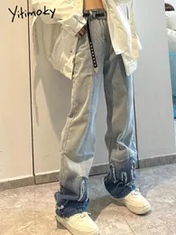 Kvinnors jeans yitimoky blå hög midja kvinna denim byxor streetwear gradient bred ben tofs koreanska mode raka byxor