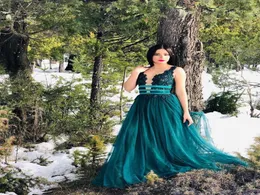 TEAL PROM klänningar Långt Deep V Neck Backless Sweep Train A Line Appliques Sash Formal Evening Party Gown Ladies Celebrity Wear Plus4689877