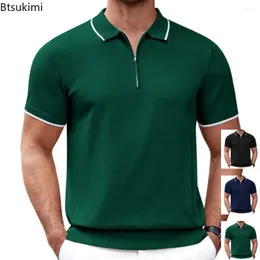 Homens camisetas 2024men's verão malha polo zíper v-pescoço negócio formal sólido manga curta t-shirt casual respirável tops masculino