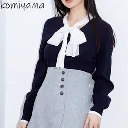 Malhas femininas contraste retalhos camisola bandagem arco com decote em v cardigans femme manga longa ropa mujer malhas japonesas 2024 primavera sueters