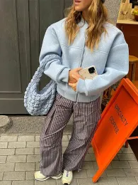 Solide Schalkragen Reißverschluss Bule Jacken 2023 Langarm Wolle Mischungen Mocke Vintage Winter Casual Pendlerinnen Frauen Jacken