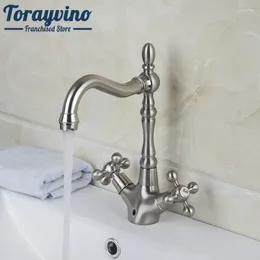 Rubinetti per lavabo Torayvino Rubinetto per vasca girevole Bacia Torneira Ottone massiccio Nichel spazzolato Miscelatore rubinetto freddo 2 maniglie lavabo