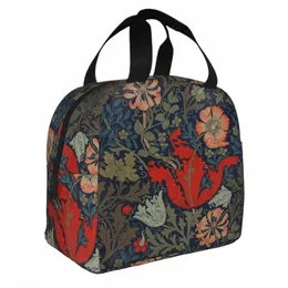 William Morris Compt Изолированная сумка для обеда Винтаж с цветочным узором Зеленое растение Fr Lunch Ctainer Сумка-холодильник Tote Lunch Box 37Zr #