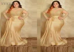 Sexy Plus Size Formal Evening Dresses Elegant with Long Sleeves Gold Lace High Neck Sheath Special Occasion Dress Mother of The Br9935698