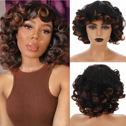 Peruklar hoan kısa kıvırcık saç sentetik siyah kadın siyah kahverengi peruk Afrika peruk patlama doğal kadın saç aksesuarları