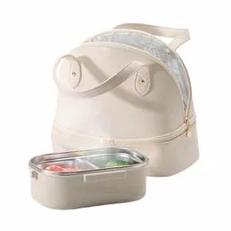 Senhoras Food Handbag Case Grande Capacidade PU Leather Lunch Box Ctainer Double Layer Meal Prep Bag para Viagens Trabalho Escolar Piquenique a4vF #