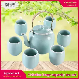 Teaware set 7-stycken set keramik te celadon tekanna tekopp hemkruka för bryggning med sil antik kall vattenkokare