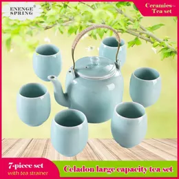 Set da tè Set da 7 pezzi Teiera in ceramica Celadon Teiera Tazza da tè Pentola per la casa per la preparazione della birra con filtro Bollitore freddo antico