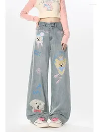 Damen-Jeans, Damen-Denimhose, niedlicher Cartoon-Grafikdruck, Hund, Jean-Hose, hohe Taille, Y2K-Hose, Harajuku, lässig, Bf, Freund, Übergröße