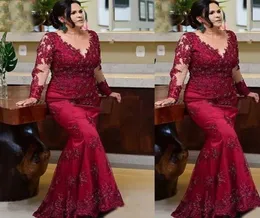 2021 Burgundy Dark Red Plus Mother of the Bride Dresses Mermaid Long Sleeves Lace Peads Crystal Beads Length Floor Itally5507447