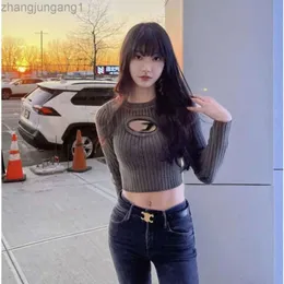 Desginer Diesal Knitted Women's Korean Version Slim Fit Cutout Spicy Girl Top Autumn Pure Desire to Blast Street Exposed Navel Short Black Women's Clothing Disel