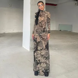 Gtpdpllt Vintage Printed Sexy Mesh Dress Autumn See Through Long Sleeve Maxi Dresses For Women 2023 Streetwear Y2k Clothing 240323