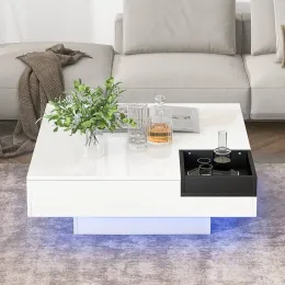 Couchtisch modernes minimalistisches Design mit LED -Beleuchtung, 16 Farben mit einer Fernbedienung, lebender Tisch mit abnehmbarem Tablett, weiß