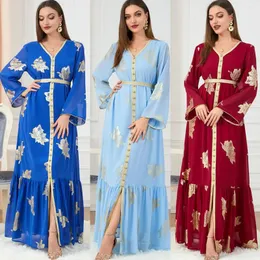 Kadınlar İçin Sıradan Elbiseler 2024 Sonbahar Müslüman Moda Dubai Abaya Baskılı Düğme Bant Trim Beled Kaftan Bölünmüş Hem Party