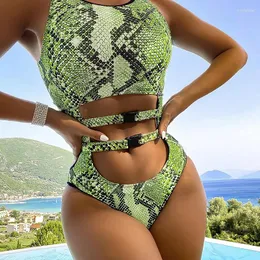 Mulheres Swimwear 2024 Verde Snakeskin One Piece Bikini Halter Ring Praia Verão Sexy Triângulo Bag Banheira Terno Vintage Maiô