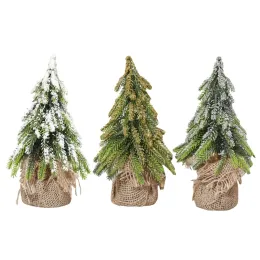 P82d Desktop Miniatur Schneekiefern Mini Weihnachtsbäume mit Sackleinen Basistisch Dekor Winter Wohnhäuser 2022 Neujahr