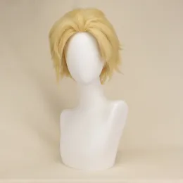 Peruker qqxcaiw korta lockiga män manlig cosplay blond 35 cm syntetiska hår peruker