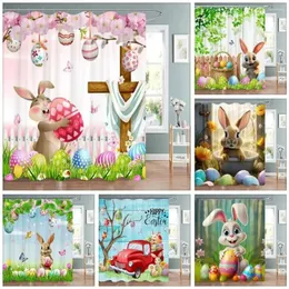 Shower Curtains Happy Easter Curtain Cartoon Eggs Cherry Blossom Butterfly Polyester Fabric Washable Bathroom Decor