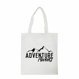 adventure Awaits canvas bag women Cott Cloth Shoulder Bag Eco Handbag Tote Fi Print Reusable Shoppers Customized Logo T6ip#