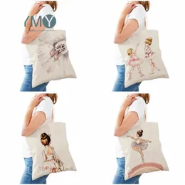 Carto Ballet Girl Printed Shoulder Bag Women Cute Supermarket Shopper Shop Bags Ladies Eco Casual Tote Bag Canvas Handväskor M5NS#