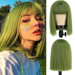 Perucas curtas bob peruca reta com franja para mulheres comprimento do ombro sem renda perucas sintéticas cosplay para menina colorido traje cabelo