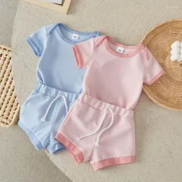 مجموعات الملابس suefunskry baby Boy Girl Summer Whitfit Catwork Crew Neck Short Rompers Shorts Leatcor Cerics 2pcs set